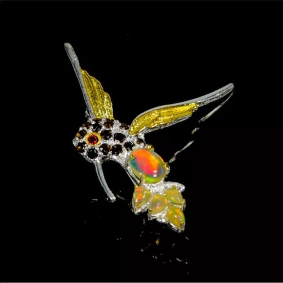 Gorgeous Artisan Natural Opal Hummingbird Brooch